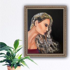 Original mixed media portrait of a lady contemporary art painting Impressionism